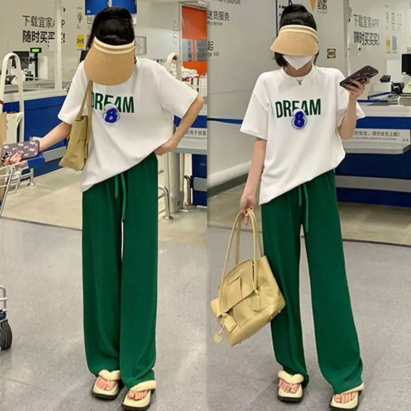 패션 여성 세트 봄과 여름 한국어 버전 간단한 반팔 루즈 캐주얼 와이드 레그 팬츠 투피스 세트