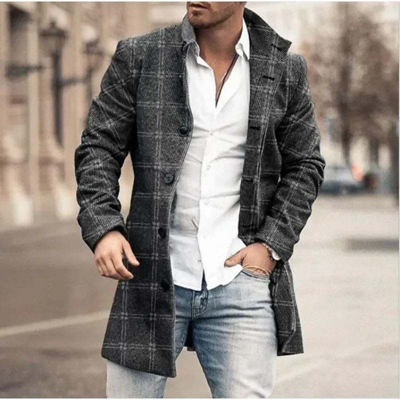 Checkered Men's Trench 2024 New Coat Autumn Winter Outdoor Casual Fashion Windproof Trench Coat Woolen Jacket Clothing