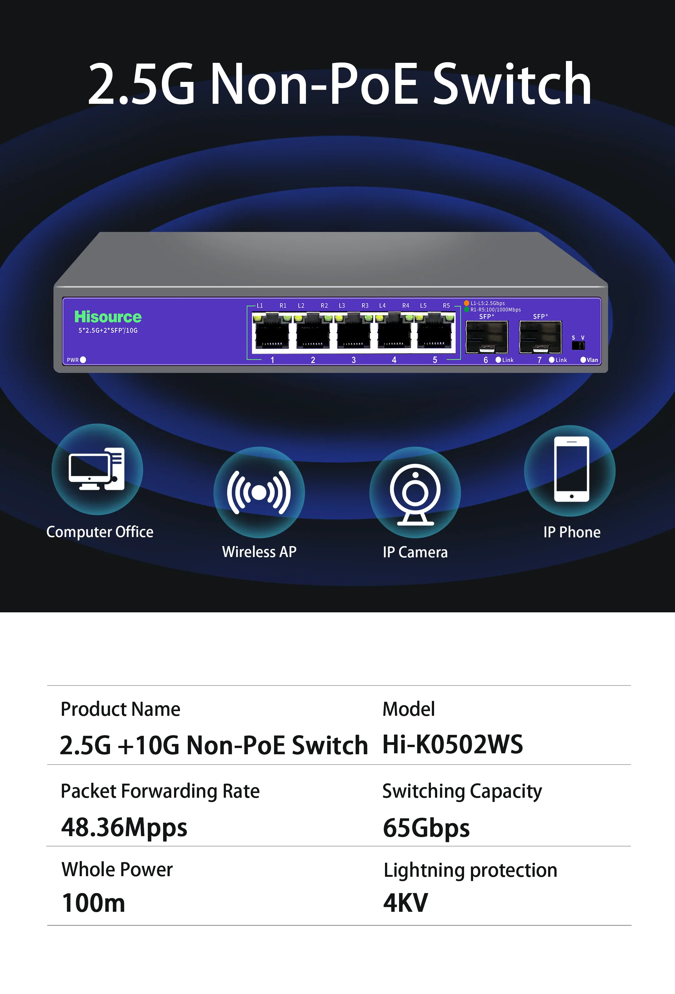 Hisource 2.5G Geen-POE Netwerkswitch 5 8-poorts Ethernet-switch met 2 * 10G SFP+ voor IP-camera / NVR