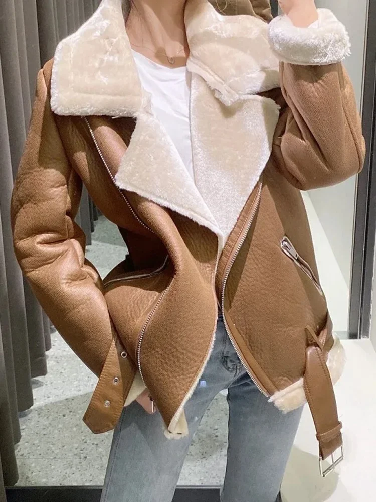 سترة نسائية شتوية دافئة من Oligai مصنوعة من الجلد الصناعي مع حزام ملابس الشارع الشهير معطف سميك لسائقي الدراجات النارية ملابس خارجية متينة