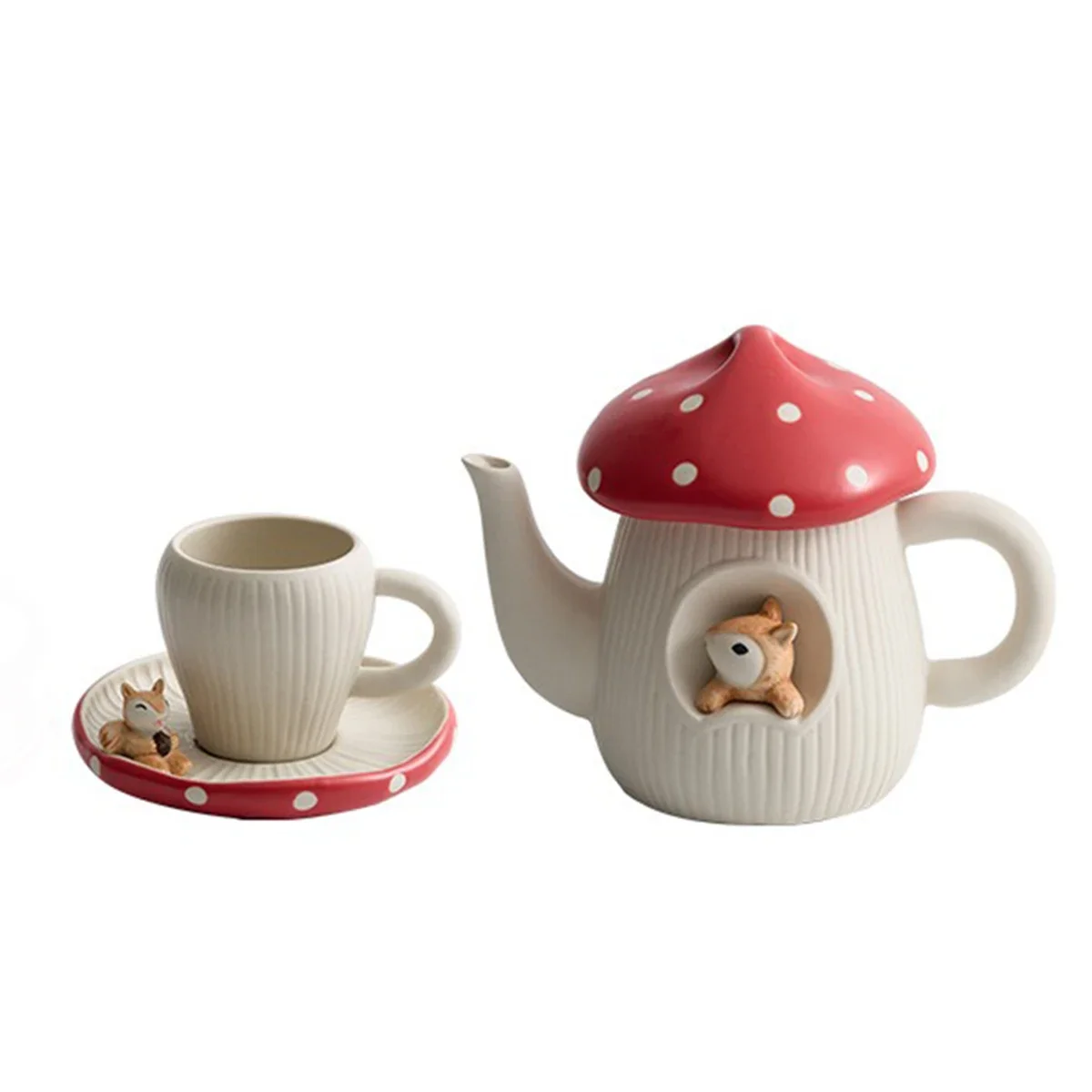 Cute Mushroom Mug with Saucer & Teapot,Handmade Glaze Polka Dot Lid, Safety Matt Ceramic Tea Pot,Best Gifts for Women & Girls