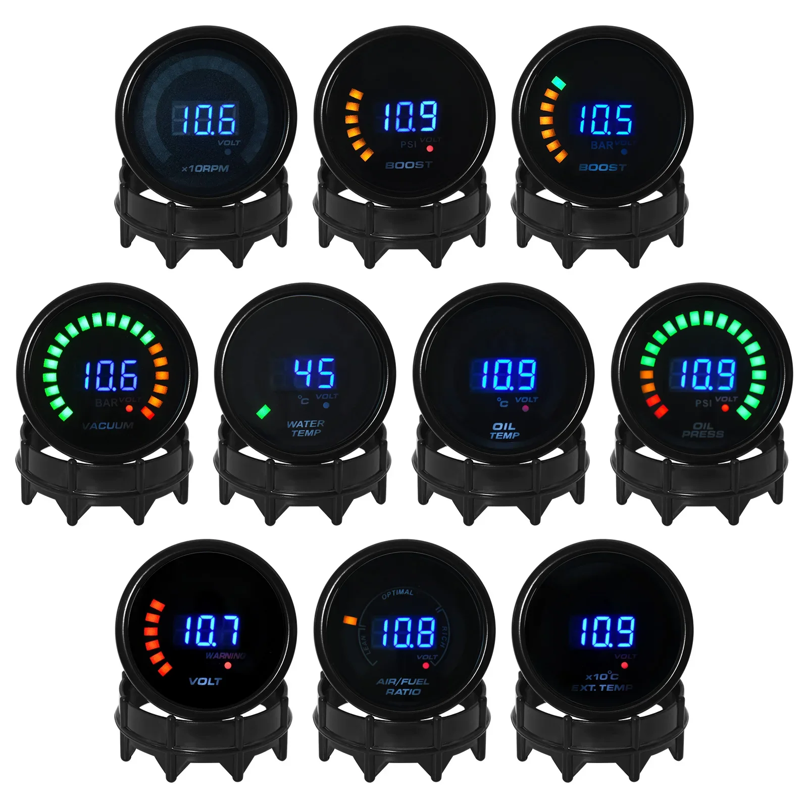 12V Car Gauge LED Digital RPM Tachometer Water Temp Oil Temp Oil Press Boost Vacuum Air-Fuel Ratio EGT Gauge