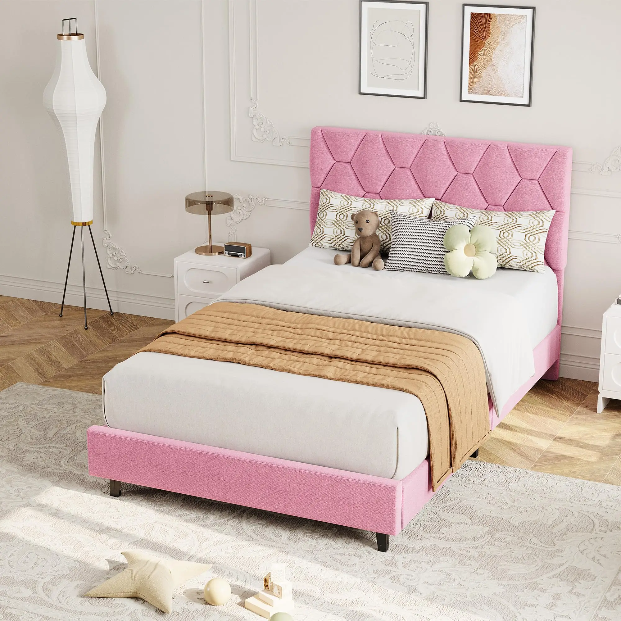 Noise-Free Upholstered Platform Bed Frame with Fabric Headboard - Heavy-Duty Slat Support, Non-Slip, No Box Spring Needed, Easy Assembly - Pink_TWIN