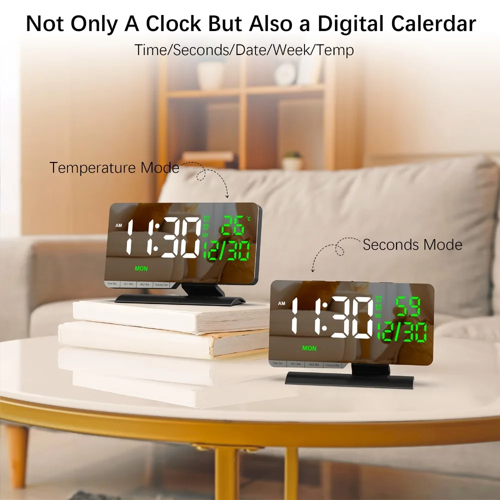 Multicolor Table Clock Large Screen Indoor Temperature Display Digital Desk Clock Weekday/Weekend Mode USB Charging Port