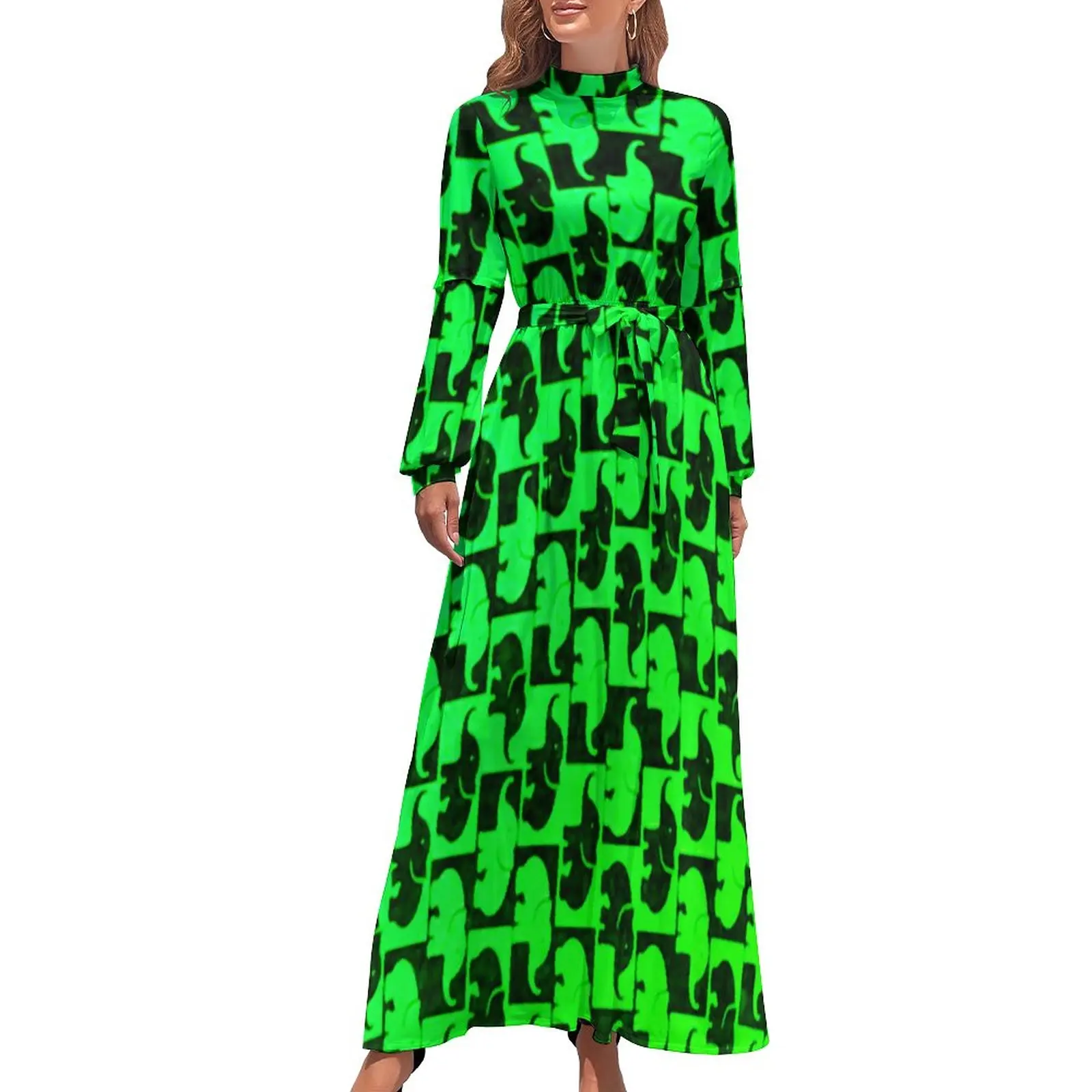 Neon Green Elephant Dress Funny Animal Print Street Fashion Bohemia Dresses Women Long Sleeve High Waist Trendy Long Maxi Dress