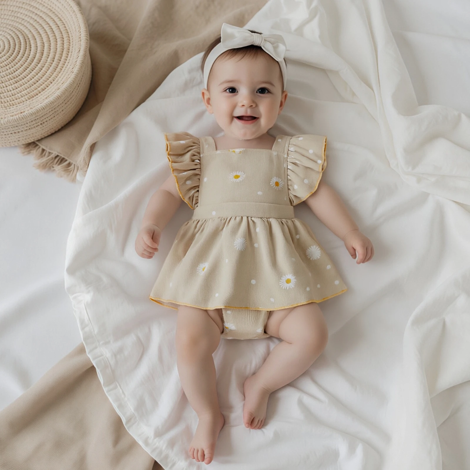 طفلة الخريف الملابس أزياء ديزي دوت طباعة أكمام ساحة طوق رومبير اللباس #2