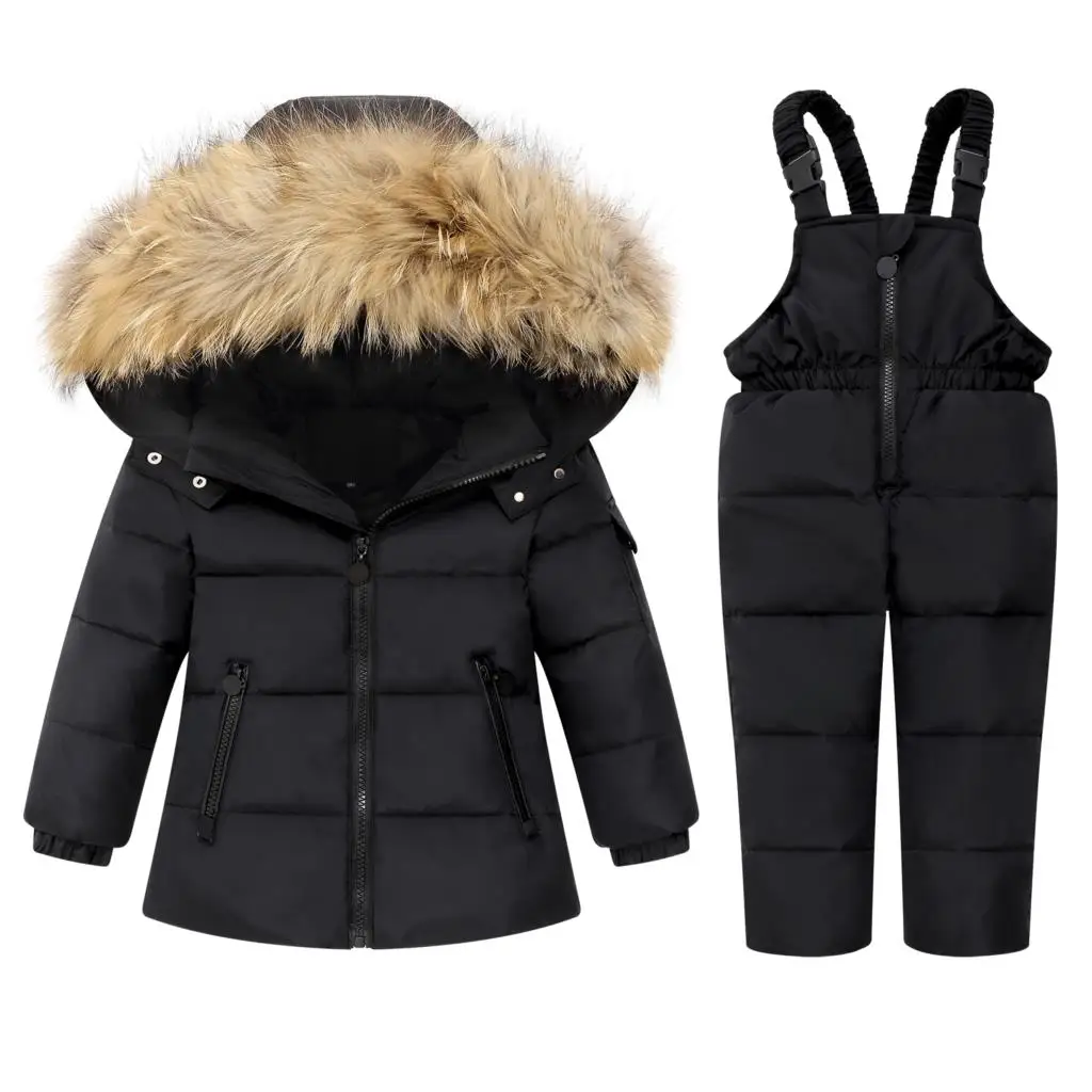 Erhöhen Winter Baby Boy 2pcs Kleidung Set echtes Fell verdicken warme Kleinkind Jungen Daunen jacke Schnee anzug gedruckt Kinder Jungen Overalls Outfits