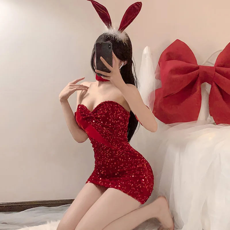 Erotic Girls Bunny Costume Red Velvet Sequin Strap Dress Rabbit Roleplay Exotic Set Christmas Santa Lingerie New Year Lover Gift