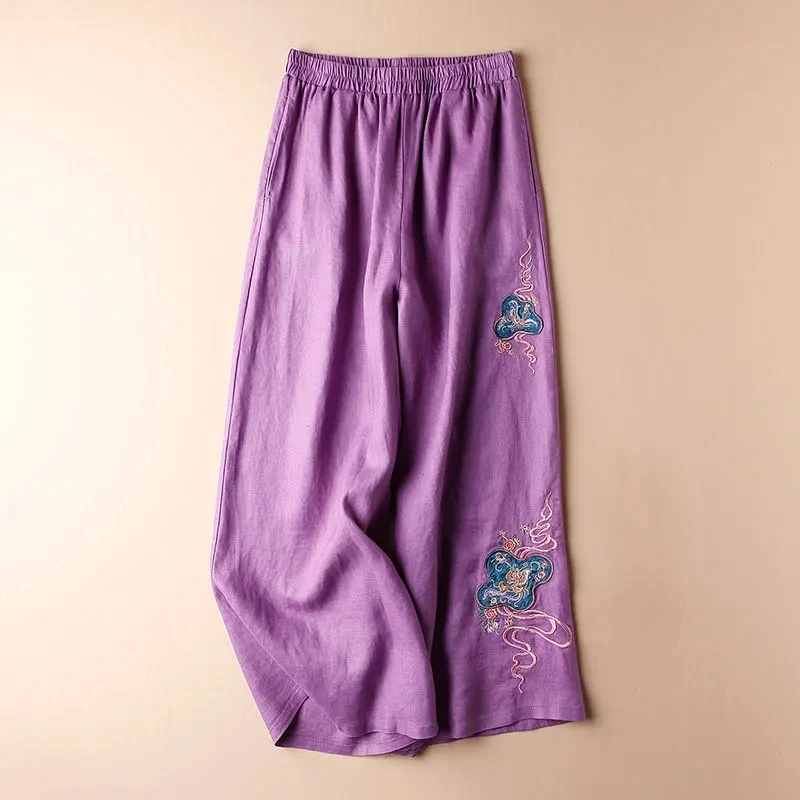 Cotton Linen Embroidery Wide Leg Pants Women's Summer New Pants Loose Elastic High Waist Thin Straight Casual Trousers Pantalon