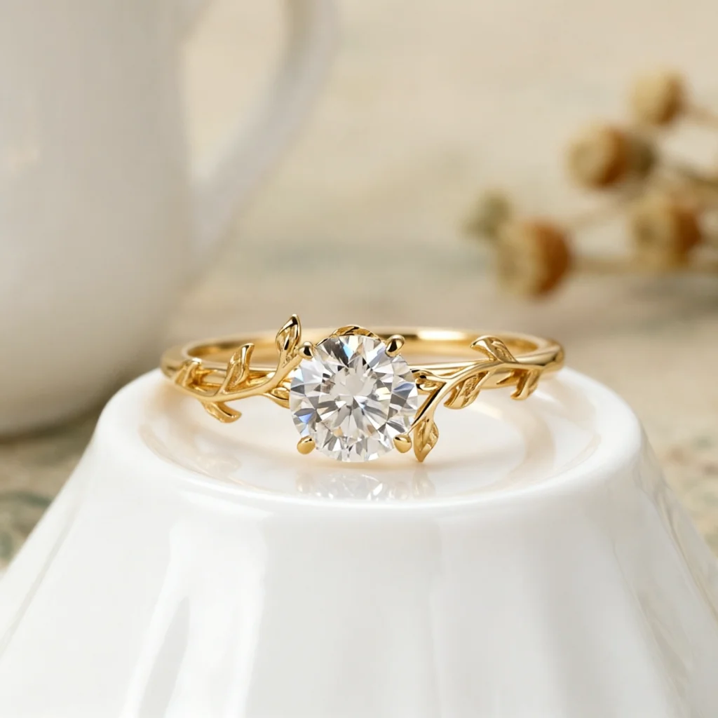 

CxsJeremy Vintage 6.5mm 1ctw Moissanite Engagement Ring 14K 585 Yellow Gold Leaf Flower Ring Prong Set Unique Anniversary Gifts