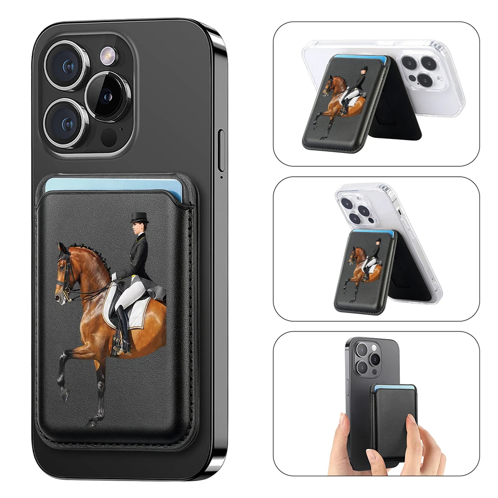 Upgrade Magnetic Racehorse Card case Hide Stand for iPhone 16 15 14 13   Leather Card Phone Holder for Magsafe Case Pocket Cover