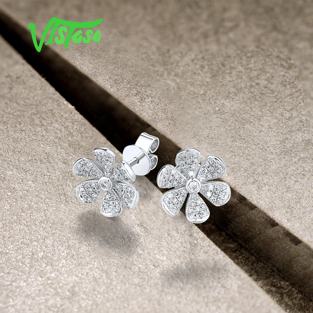 VISTOSO Authentic 14K 585 White Gold Stud Earrings For Women Sparkling Diamonds Fancy Flower Daily Wearing Elegant Fine Jewelry