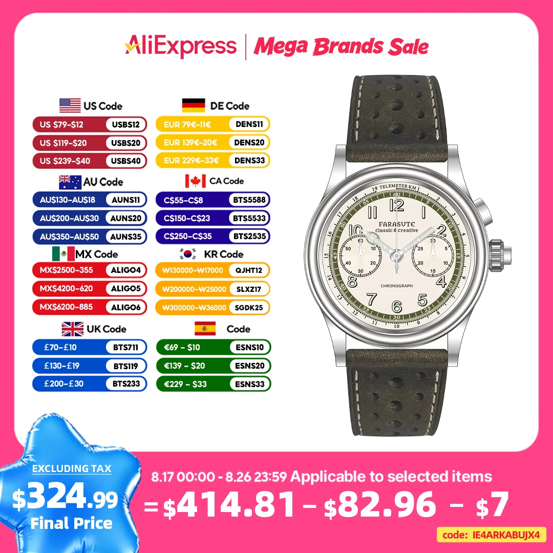 FARASUTE Schweizer Super-Leuchtende Chronographen-Armbanduhr mit Seagull ST19 Schwanenhals-Uhrwerk, Manuelle Mechanische Uhren für Herren, Reloj Hombre