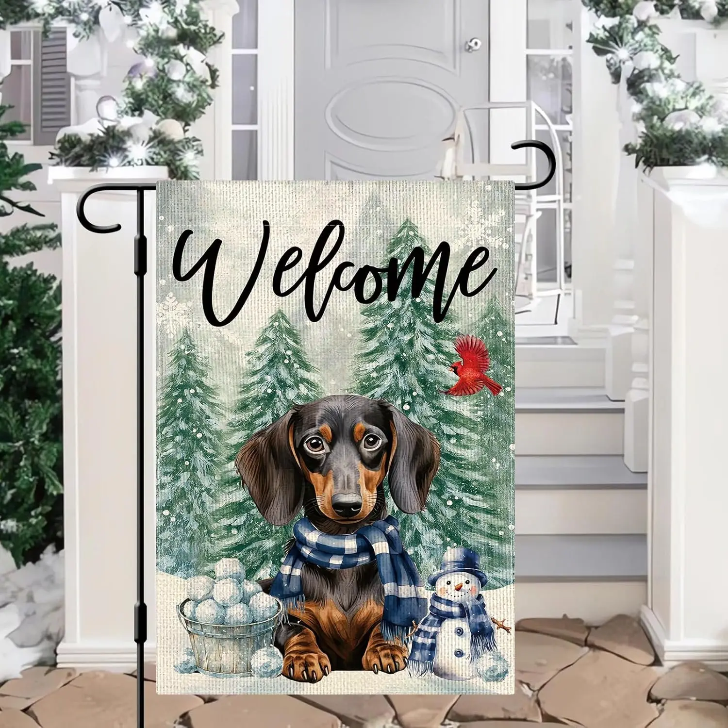 DLZDN Winter Dachshund Dog Garden Flag 12×18 Inch Double Side Vertical Burlap Farmhouse Yard Sign Winter Christmas Outdoor D hhz