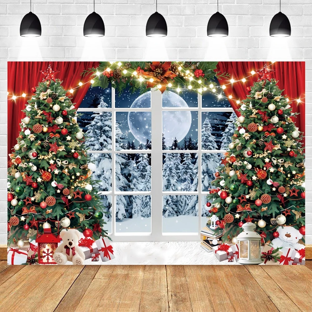 Christmas Photography Backdrop Fireplace Christmas Tree Window Gift Snow Family Party Baby Portrait Photography Background Decor