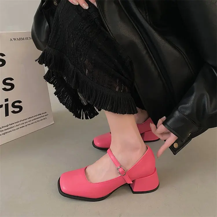 2023 Design Buckle Pumps Thick Heels HIgh Heels for Lady Mary Jane Shoes Platform Waterprof JK Punk Shoes Footwear Square Heel