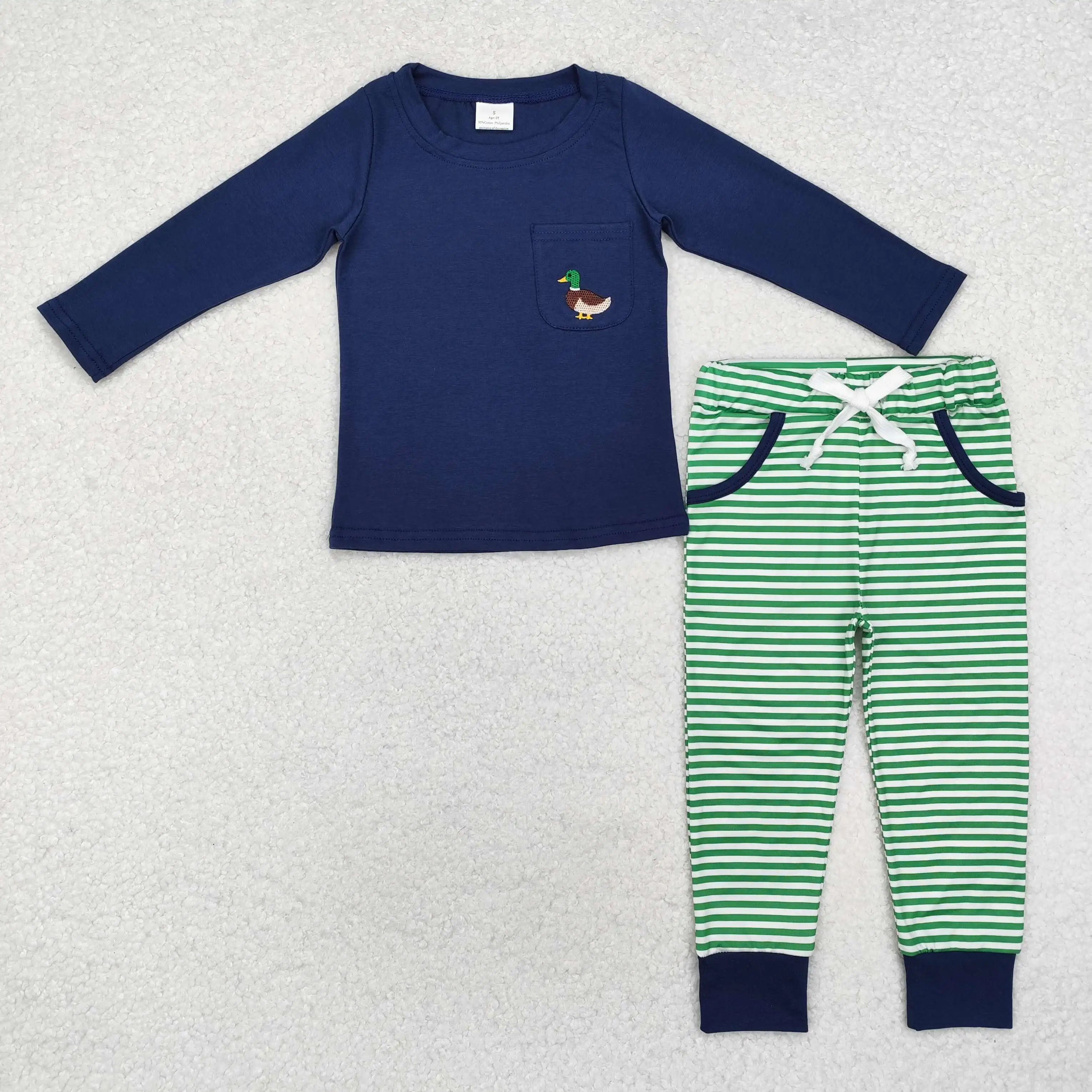 

New RTS boys fall set wholesale boutique embroidered duck pocket navy blue top green striped pants boys suit