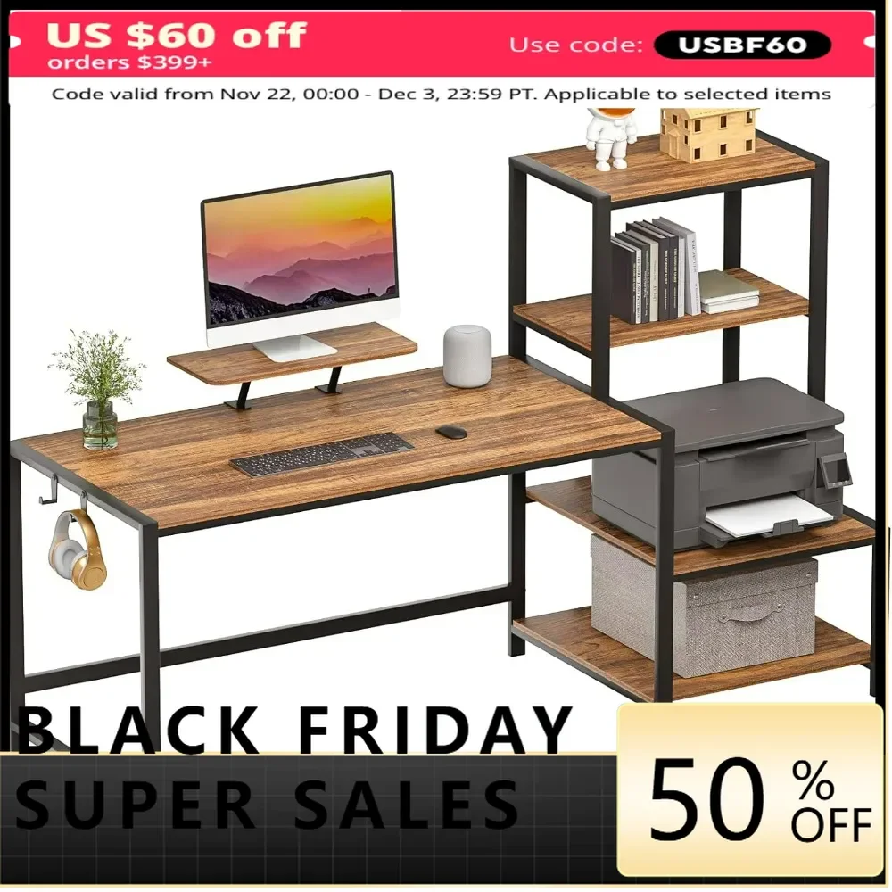 

Computer Desk 58 inch with Storage Printer Shelf Reversible Home Office Desk with Movable Monitor Stand and 2 Headphone Hooks