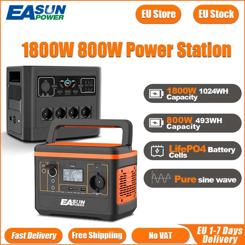 Stazione di Alimentazione Portatile 1800W/1024WH 800W/493WH con Batteria al Litio LifePO4, Energia di Backup per Campeggio all'Aperto, Camper, Casa, Ricarica Wireless Rapida