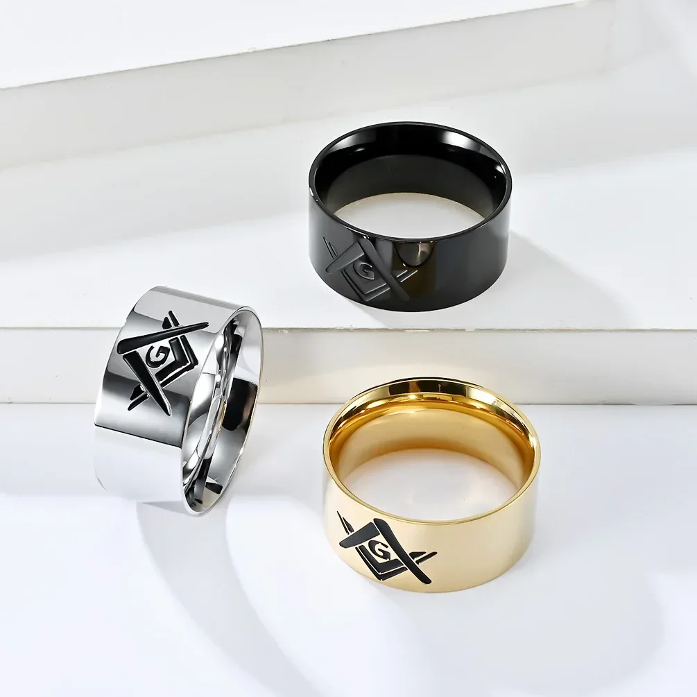 10mm Black Gold Plated Stainless Steel Men's Freemasonry Band Ring Cool Quality Titanium Mason Ring