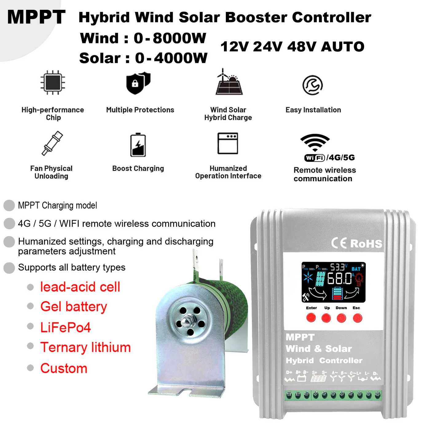 Imagem -04 - Mppt Atualizado Híbrido Controlador Solar Turbina Eólica com Built-in Wifi para Lifepo4 Bateria Completa com Display Led 6000w 12v24v48v