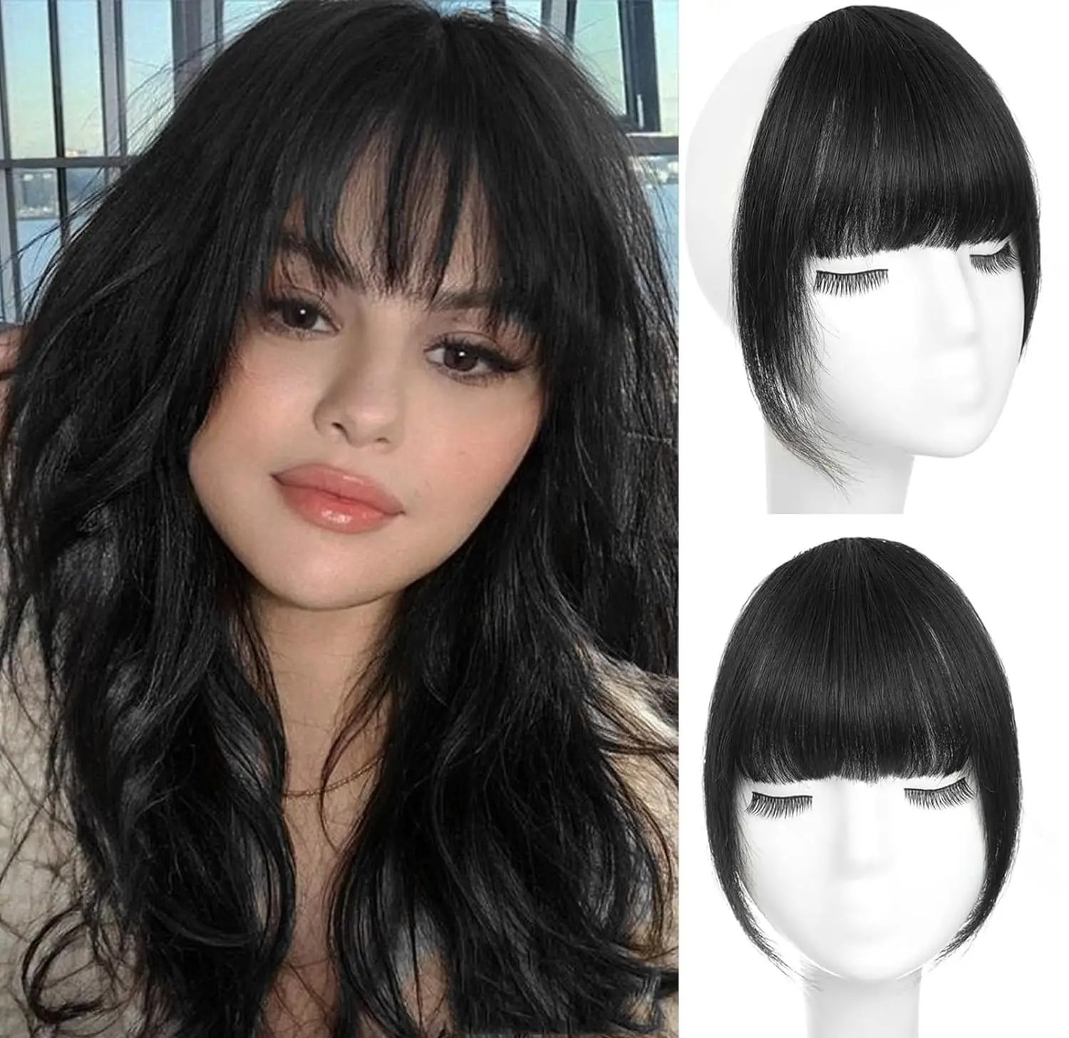 Clip in Bangs 100% Real Human Hair Extensions Clip on Wispy Bangs for Women Fringe with Temples Hairpieces Jet Black Color