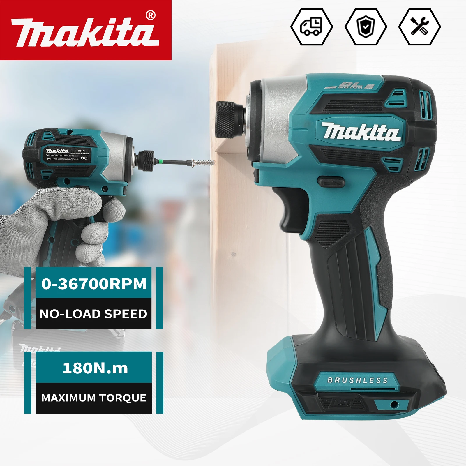 

Аккумуляторный бесщеточный шуруповерт Makita DTD173 18В, 180Н·м, с двойной LED-подсветкой, режимы T1/T2 для работы с деревом и болтами