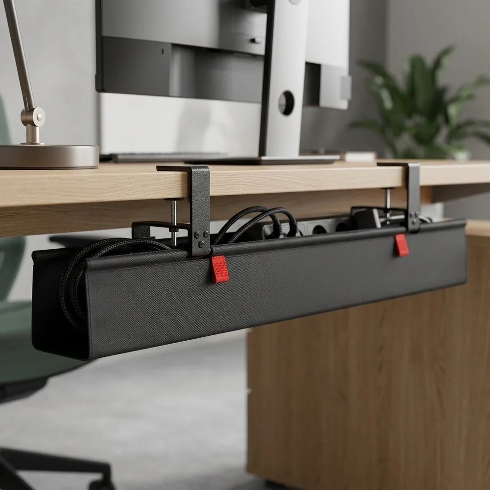 Clamp Mount Under Desk Cable Organizer Tray for Power Strips Made of Solid Iron Black Size 30.5 x 15.5 x 5.5 cm