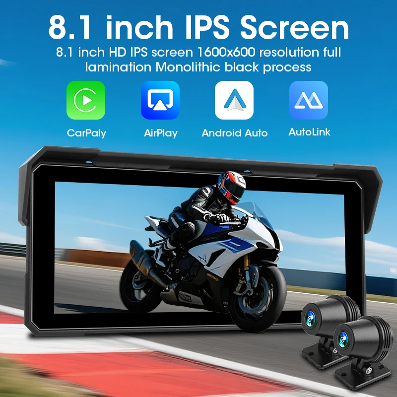 Srnubi Portable 8.1 inch IP67 Waterproof Motorcycle 4K DVR GPS Navigation Wireless Carplay Android Auto Moto Recorder Monitor