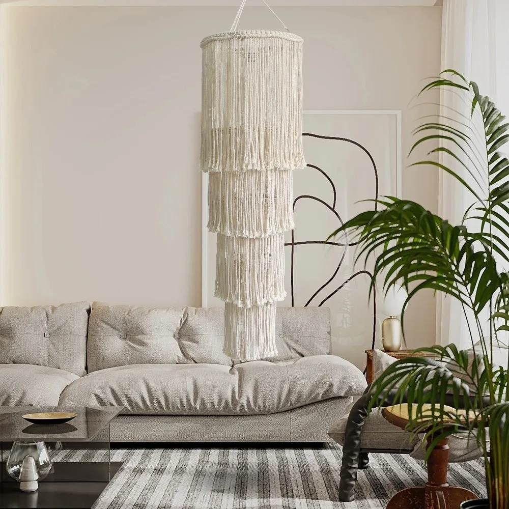 Handwoven Bohemian Tassel Lampshade Hanging Nordic Design Hanging Light Cover Textured Weave Vintage Look