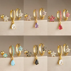 3PCS Stainless Steel Hoop Earrings Set for Women Luxury Crystal Zircon Huggie Flower Water Drop Piercing Earring Wedding Jewelry