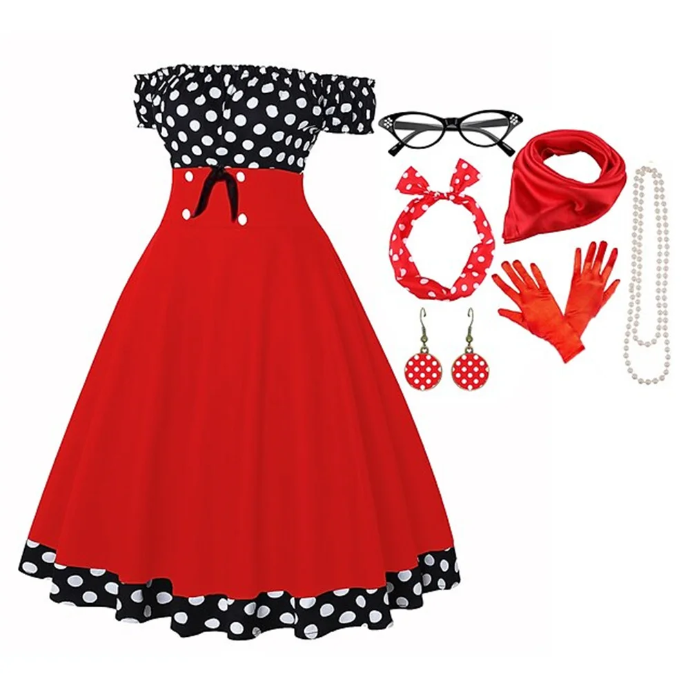 50s Outfit Flare Dress Off Shoulder 4 Pcs 1950s Audrey Hepburn Accessories Set Retro Vintage Swing Dress Date Festival