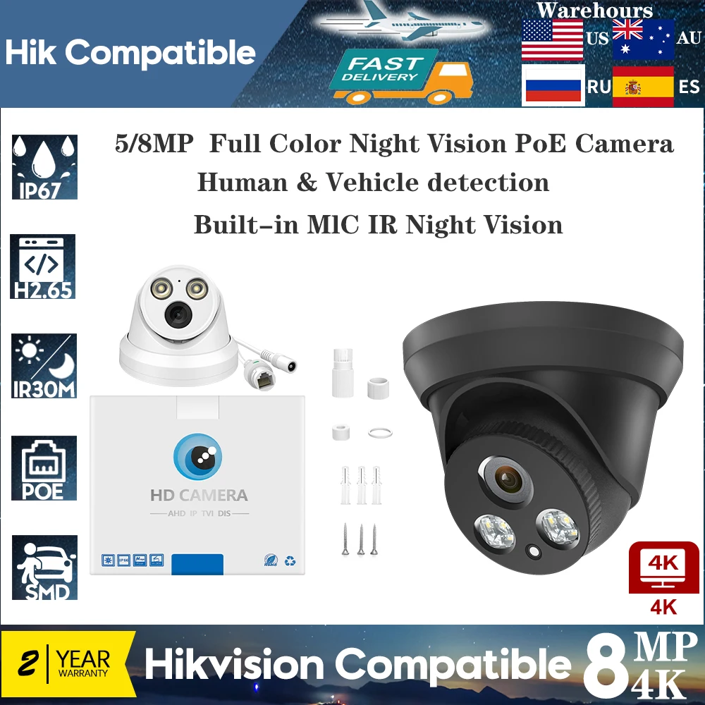 Hikvision Compatible 4K 8MP ColorVu IP Camera Color Night Camera Colorful 5MP Build in MiC PoE Security CCTV H.265 Turret Camera