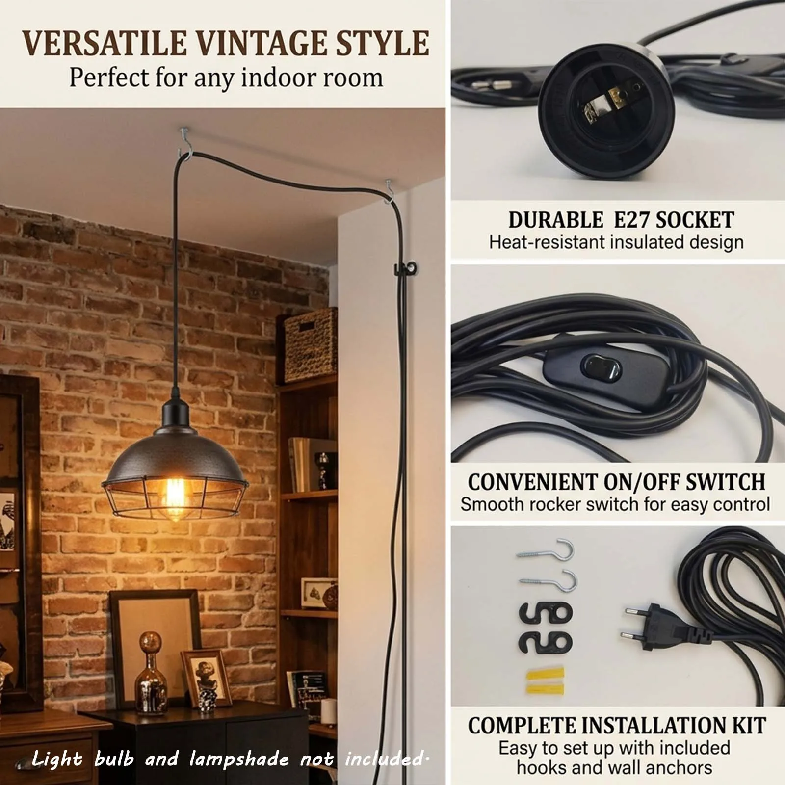 Black Pendant Cord with Cylinder E27 Socket, Rocker Switch and EU 2-Pin Plug, for Vintage Industrial Bedroom