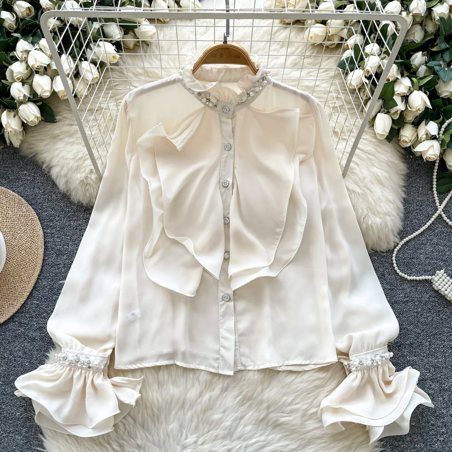 Women Stand Collar Petal Sleeves Elegant Ruffles Rhinestone Slim Single Breasted Top French Streetwear High Street Autumn Blouse