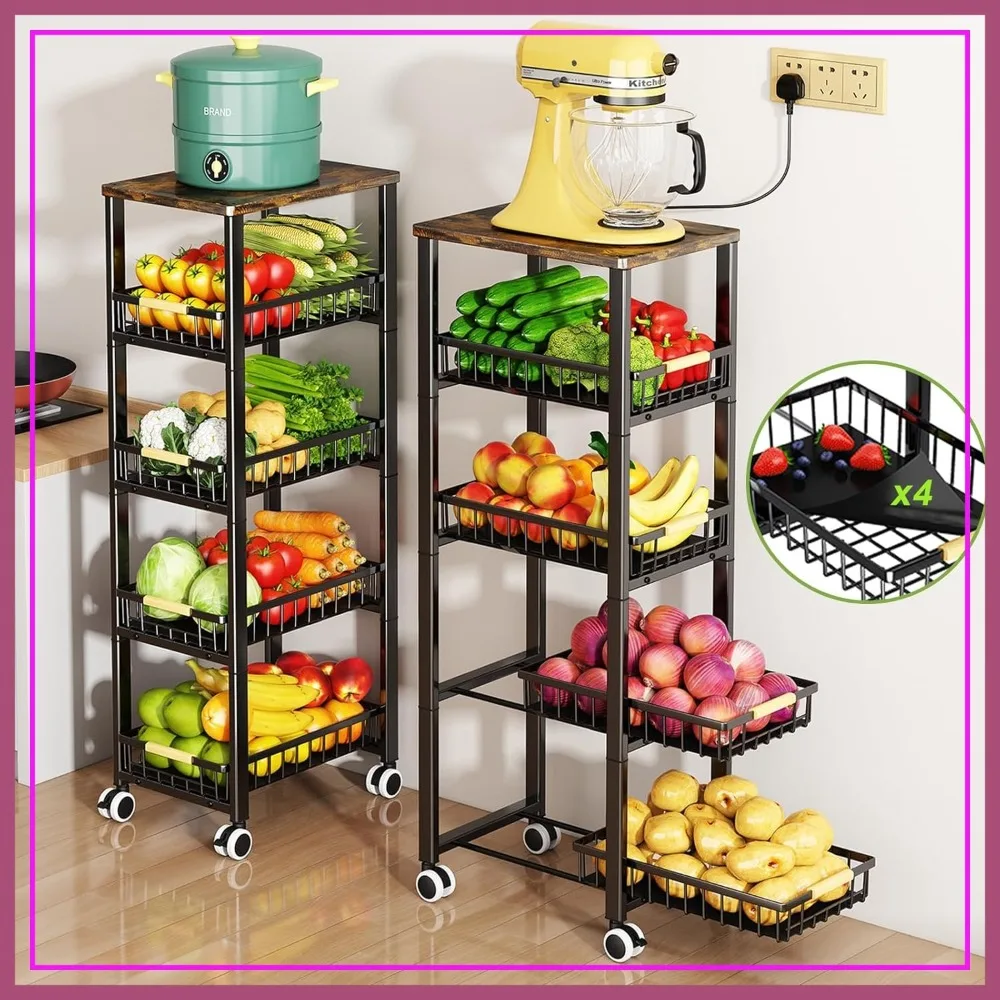 

5 Tier Pull-Out Metal Wire Basket Cart for Kitchen, Fruit Vegetable Storage with Wood Top and Wheels, Onion Potato Rack