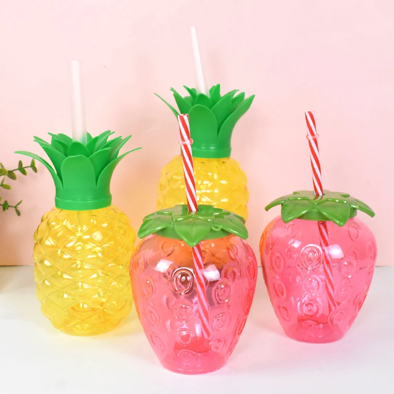 Summer Hawaiian Party Pineapple Strawberry Cup With Straw Tropical Wedding Birthday Party Decoration Drinking Cup Kids Favor