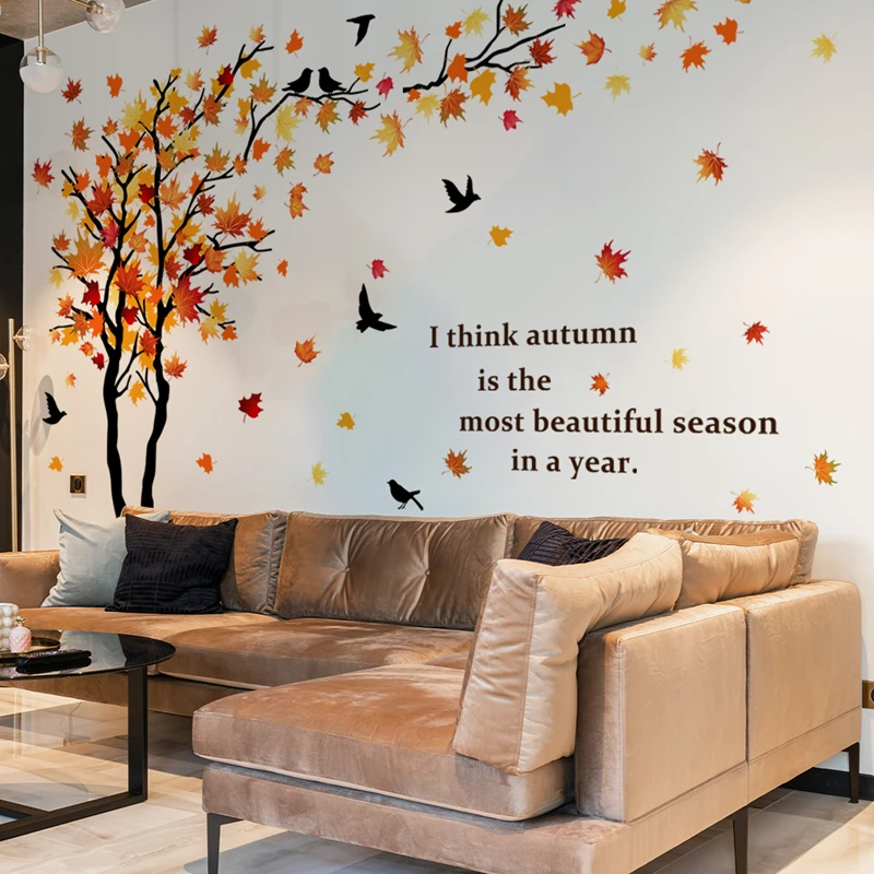 Bigger Maple Tree Fallen Leaf Flying Birds Vinyl Wall Decals Autumn Quotes Stickers Home Decoration for Living Room Kids Bedroom