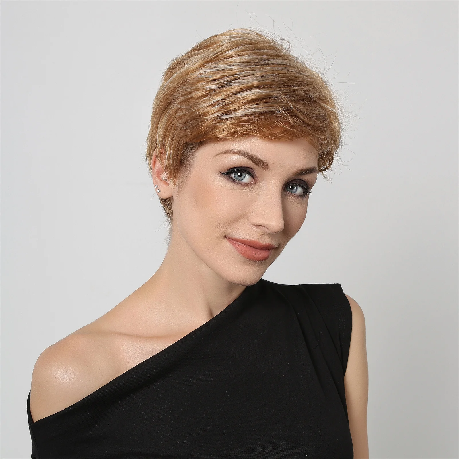 Synthetic Light Brown Platinum Highlights Short Straight Wigs With Pixie Cut Bang Hair Wig for Women Daily Party Heat Resistant