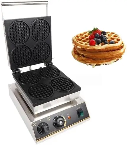 Máquina para hacer gofres belgas eléctrica comercial, 4 Uds., antiadherente, de acero inoxidable, Control de tiempo de temperatura, restaurante, Snack Bar, uso familiar