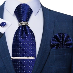Blue Royal Dot Pliad Mens Tie set with Silver Clip and Ring Business Wedding Party Accessories 8cm Necktie Handkerchief Cufflink
