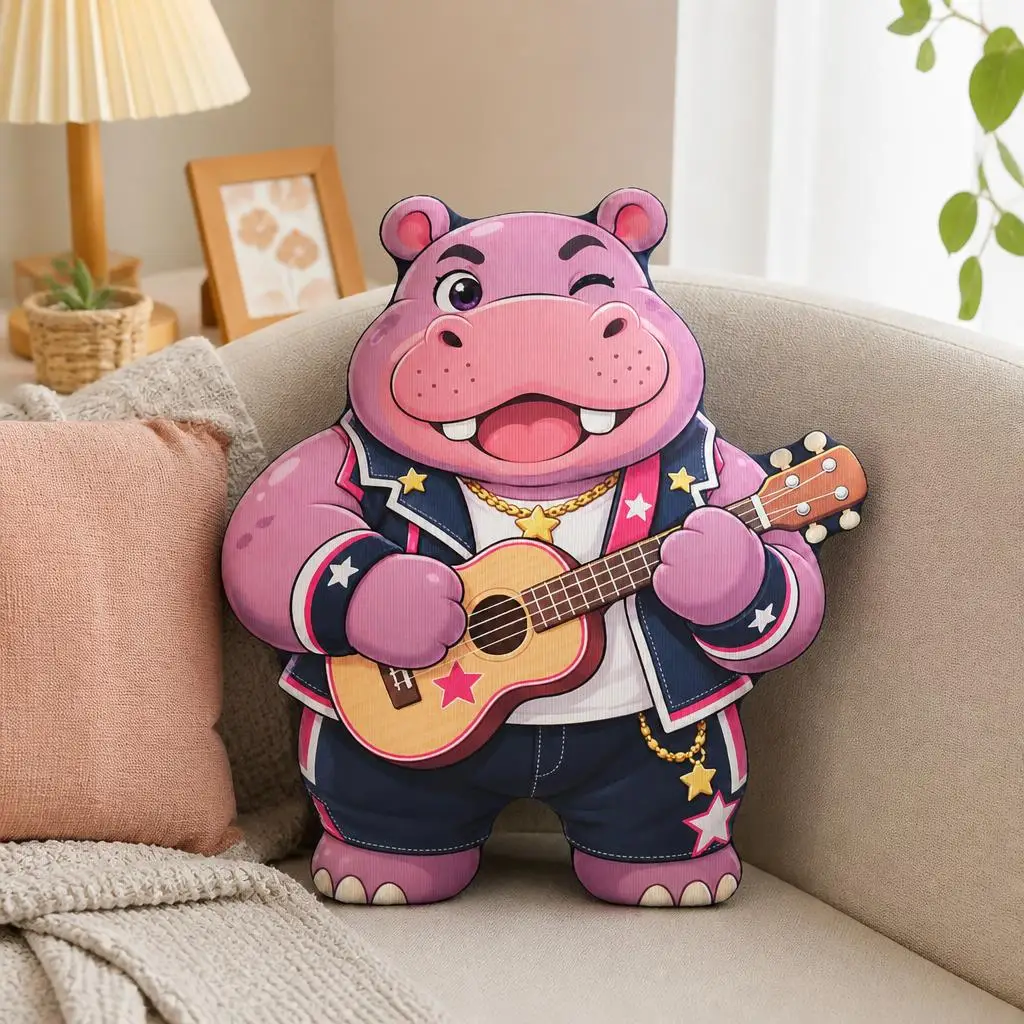 Purple Hippo Guitar Player Shaped Pillow Rockstar Character Cushion Stuffed Throw Pillow for Sofa Home Decor Music Lover Gift