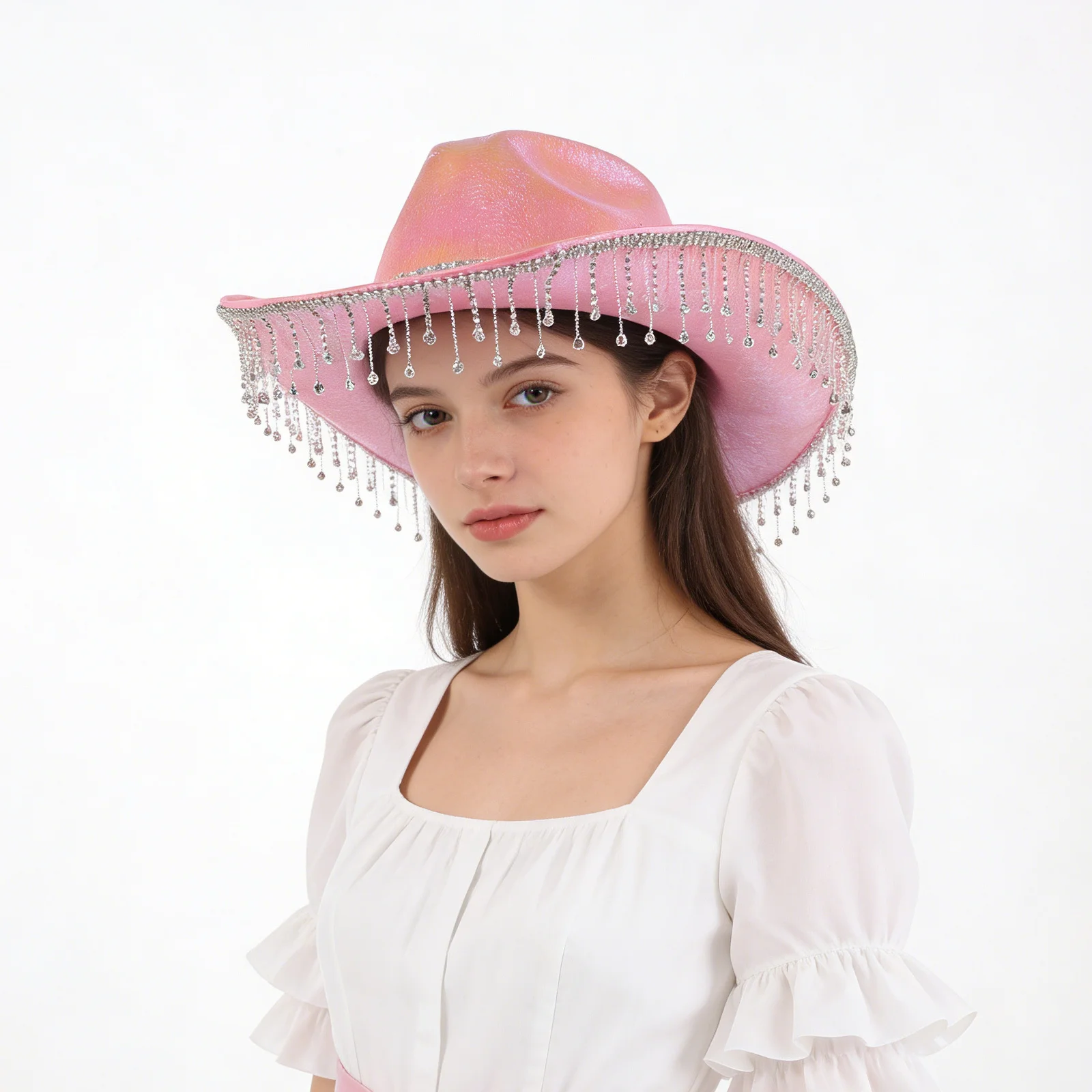 

Sparkle Cowgirl Hat Pink Rhinestone Embellished Western Style Fringe Trimmer - Women Men Festival Party Outfit Accessory Country