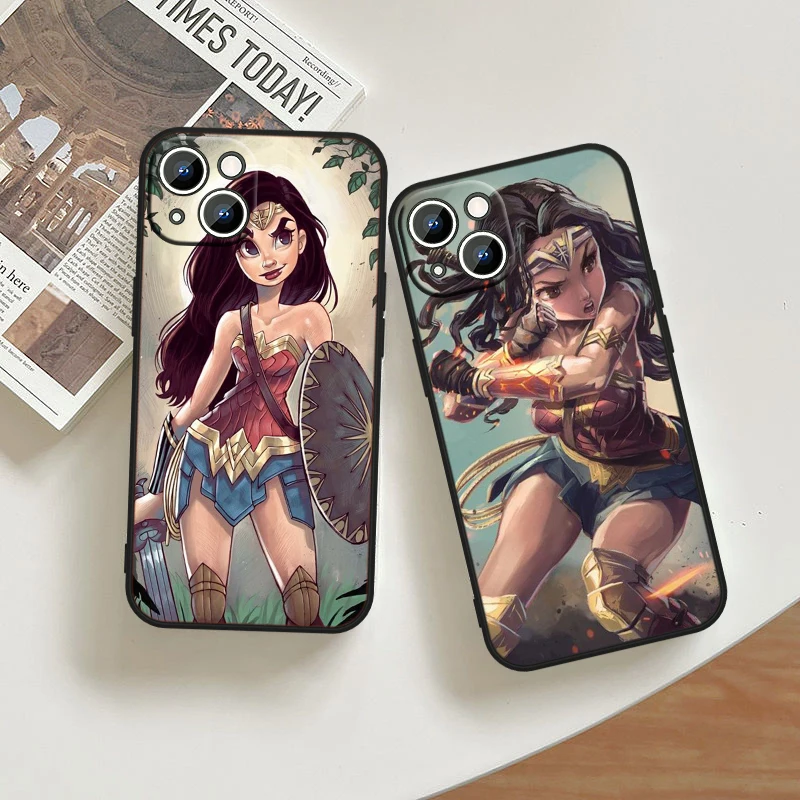 Cute Wonder Woman For iPhone 15 14 13 12 11 XS XR X 8 7 6 6S 5 5S Pro Max Plus Black Shockproof Phone Case