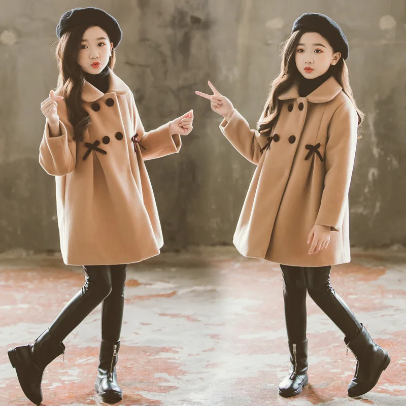 3 4 5 6 8 10 12 Years Girls Wool Coat Autumn Winter Korean Version Long Kids Jacket Double Breasted Children Outerwear Clothing