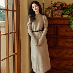 ARTKA 2023 Winter New Women Dress Elegant Soft Wool Knitted Dress O-Neck Puff Sleeve Long Sweater Dress With Oversleeve LB92231D