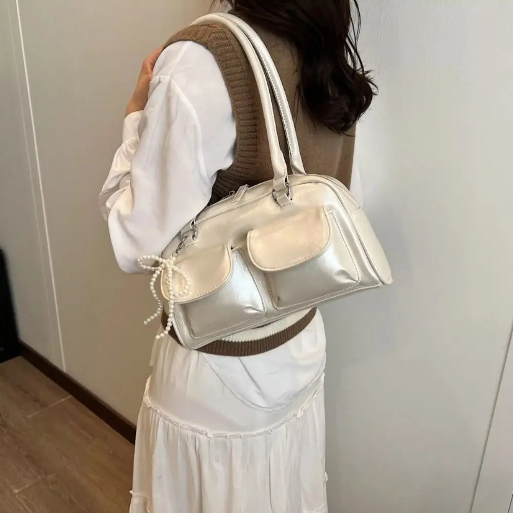 

Retro Korean Style PU Bowling Bag Solid Color Minority Design Pocket Boston Tote Bag Handbag French Style Underarm Bag Outdoor