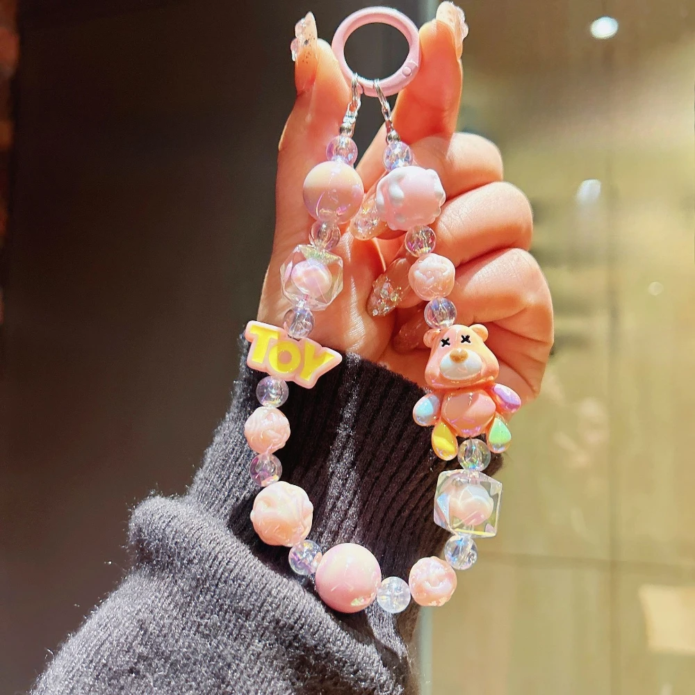 Creative Bear Animation Mobile Phone Chain, Kawaii Handmade Beaded Bag Pendant, Doll Beaded Keychain, Exquisite Gifts