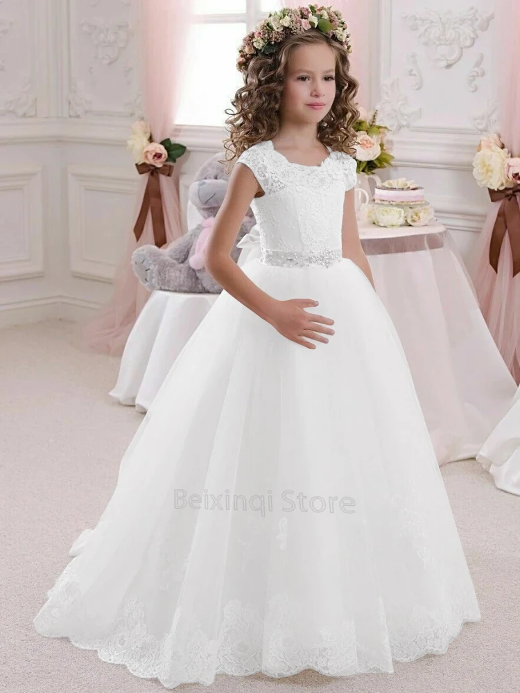 Ivory color Flower Girl dress bespoke elegant Lace tulle appliques bow kids formal occasion princess birthday prom wedding gown