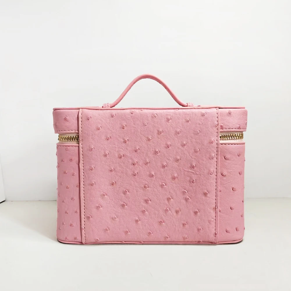 Luxury Ostrich Mock Women Makeup Vanity Bag Custom Name Large Capacity Cosmetic Organizer Box With Handle Travvel Toiletry Bag